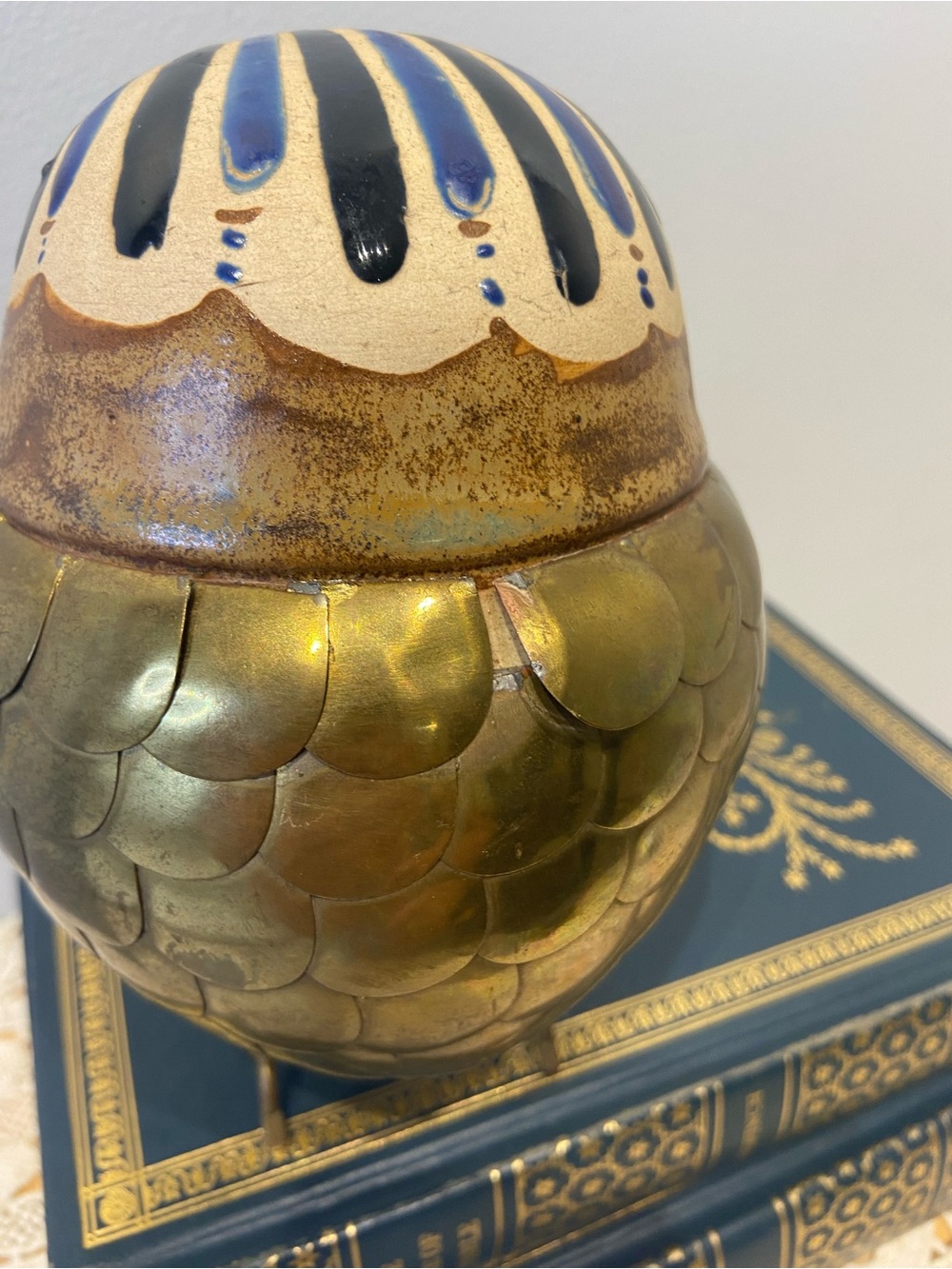 Vintage Brass and Ceramic Owl Mexican Tonala Sculpture Signed - Picture 6 of 10